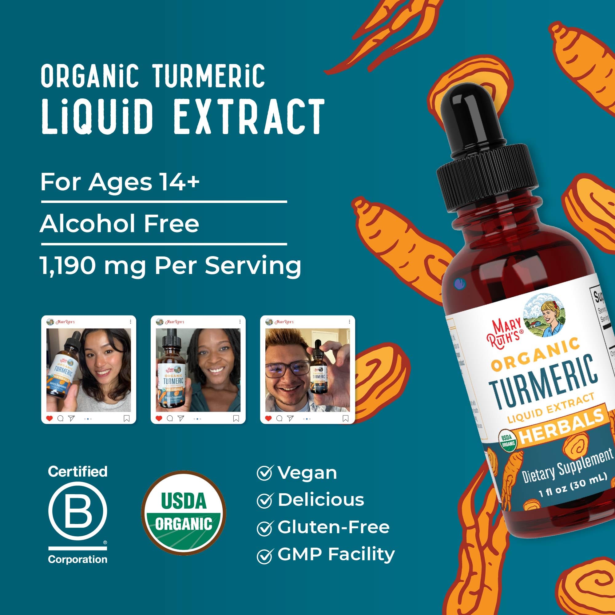 MaryRuth Organics turmeric liquid extract dropper in use during routine.