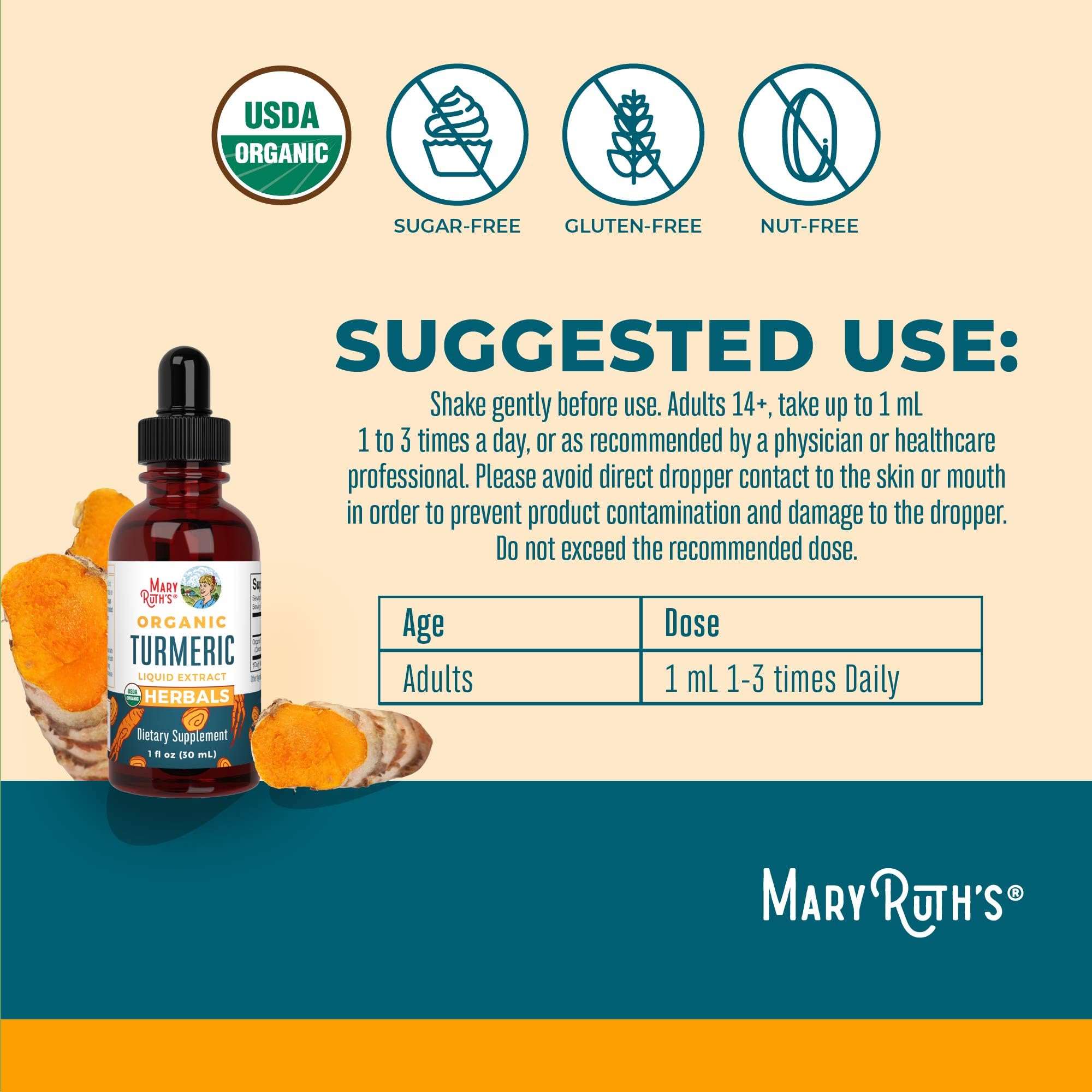 MaryRuth Organics turmeric liquid extract label close-up with USDA Organic seal.