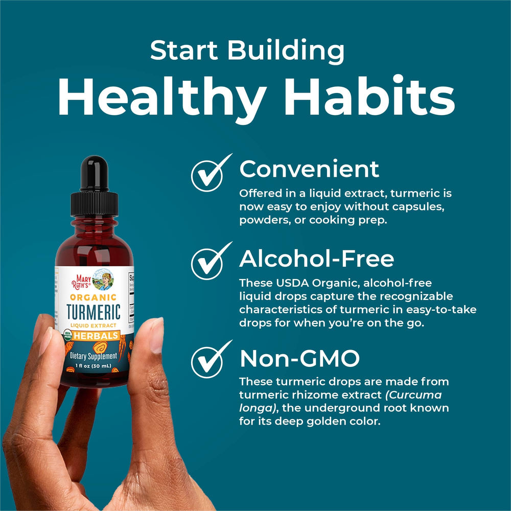 MaryRuth Organics turmeric liquid extract served with a glass of water.