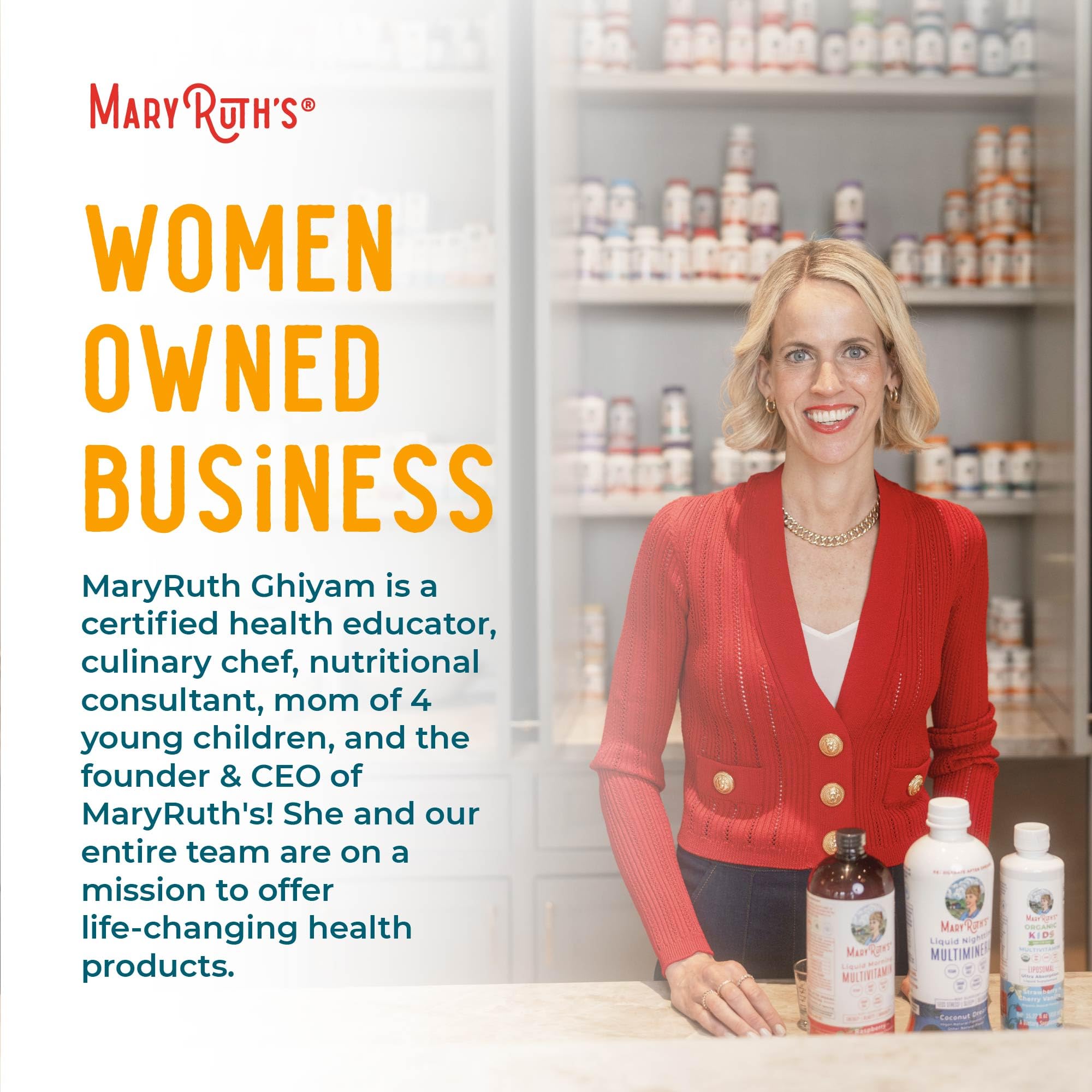 MaryRuth Organics turmeric liquid extract bottle highlights sugar-free formula.