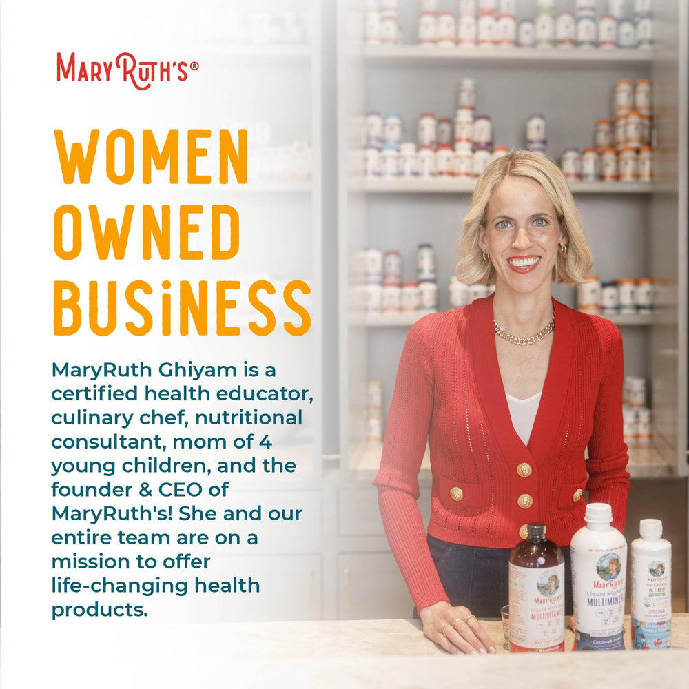 MaryRuth Organics turmeric liquid extract bottle highlights sugar-free formula.