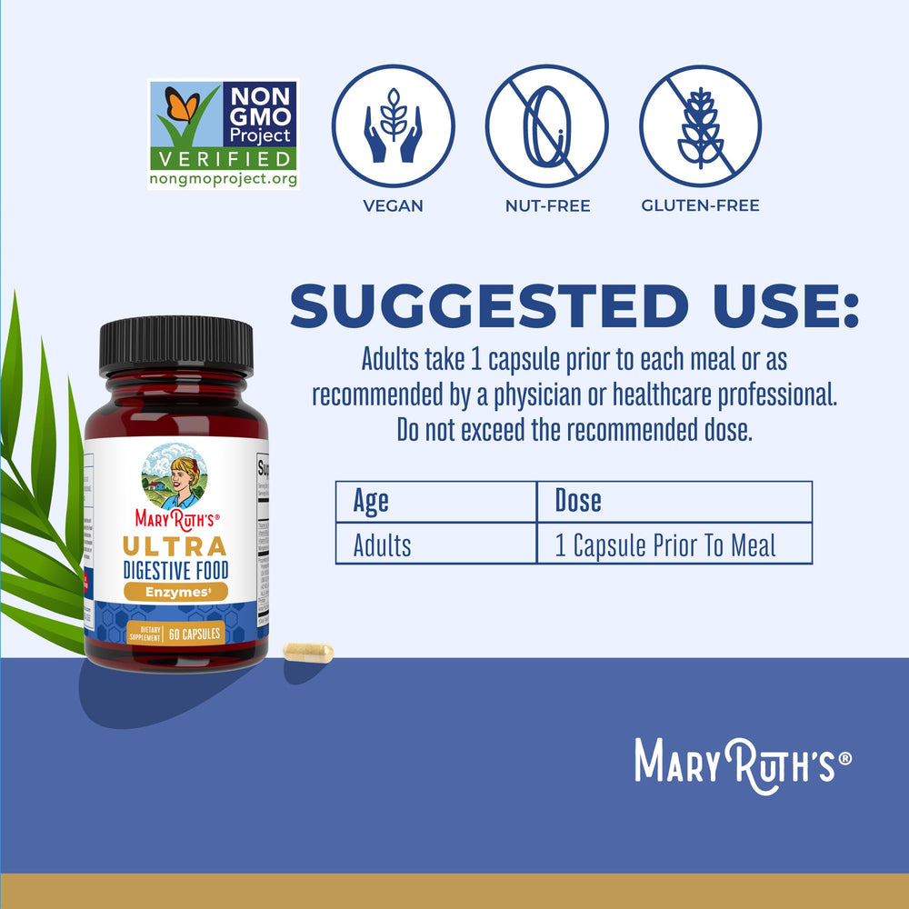 MaryRuth Organics Ultra Digestive Enzymes label closeup reveals vegan credentials and certifications.