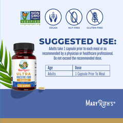 MaryRuth Organics Ultra Digestive Enzymes label closeup reveals vegan credentials and certifications.
