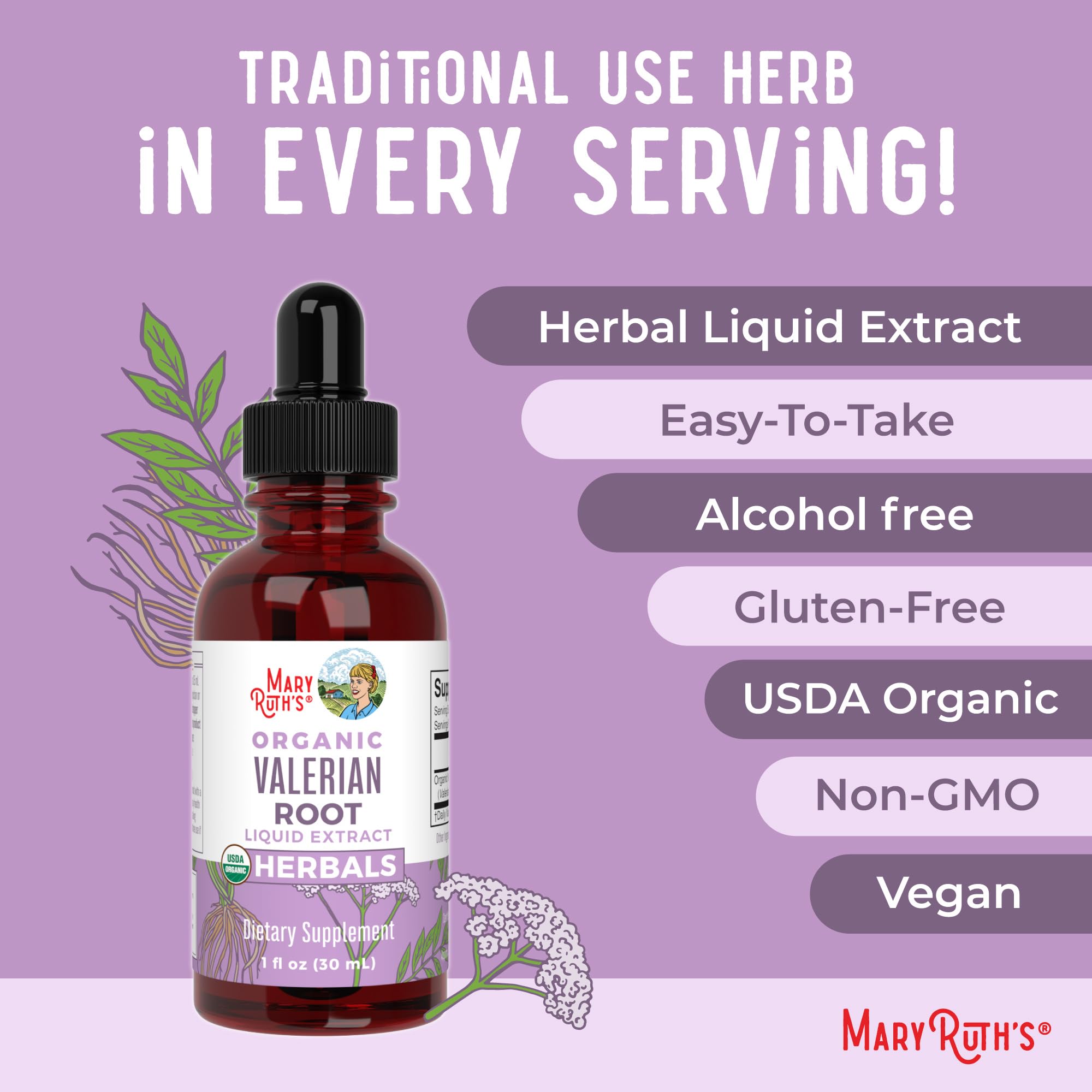 MaryRuth Organics valerian root drops show 60 servings info.
