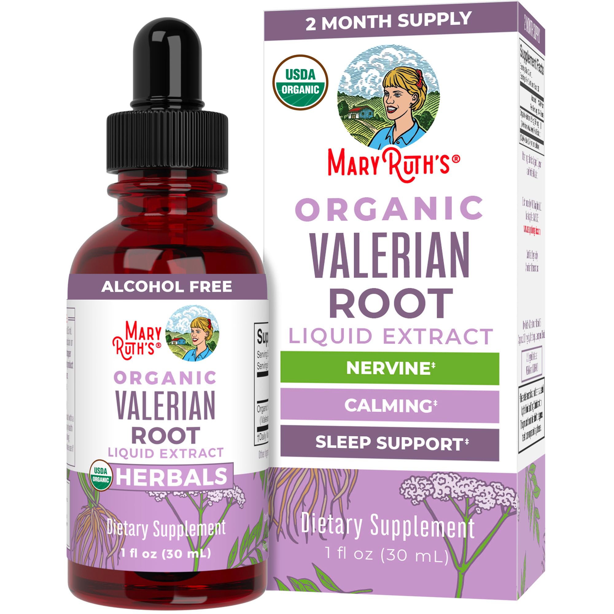 MaryRuth Organics valerian root drops bottle supports calm evenings.