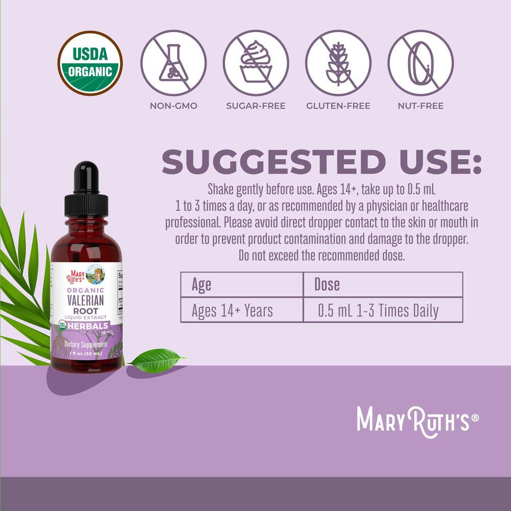 MaryRuth Organics valerian root drops label close-up.