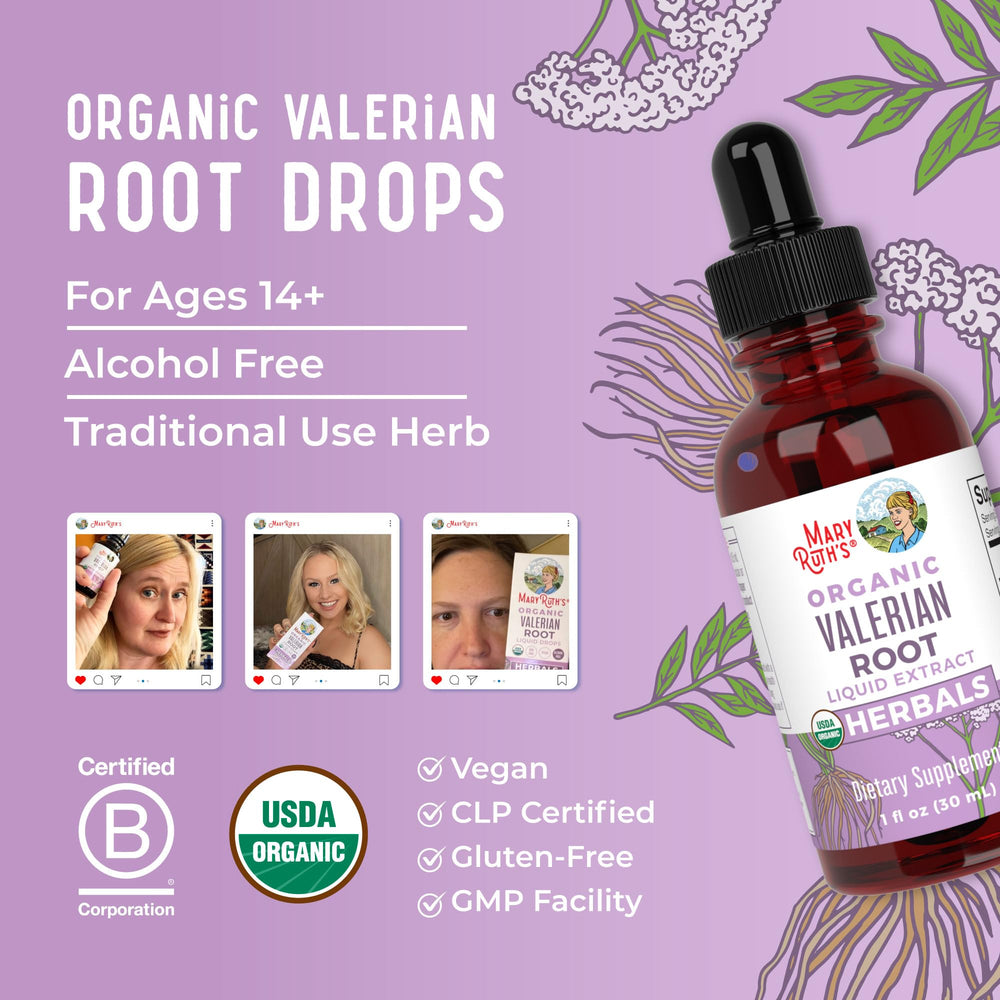 MaryRuth Organics valerian drops for night time routine.