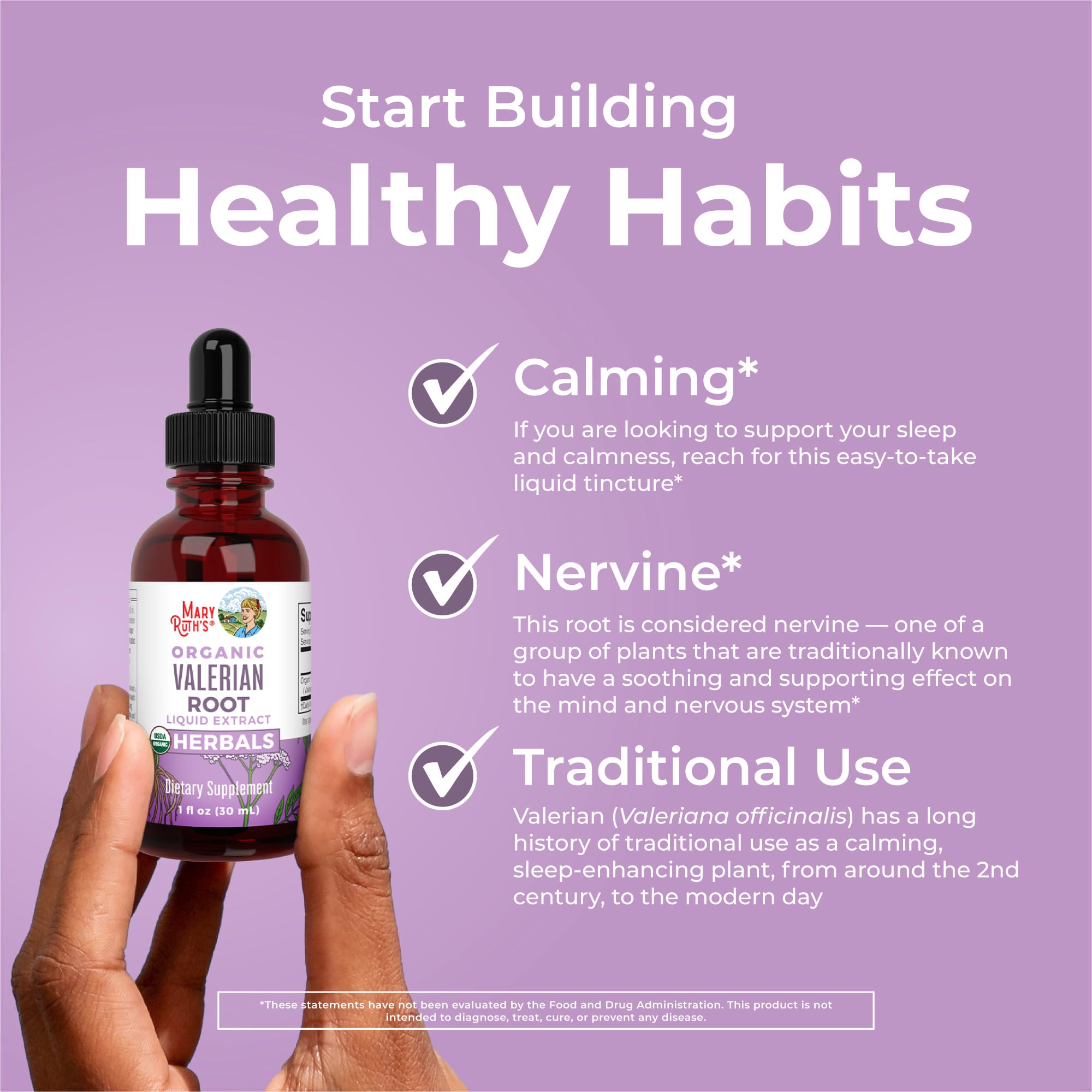 MaryRuth Organics valerian root drops packaging and bottle.