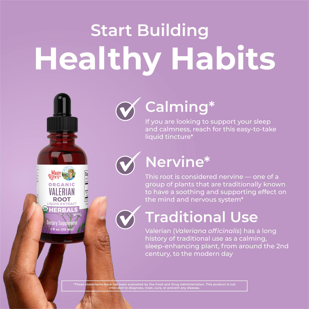 MaryRuth Organics valerian root drops packaging and bottle.
