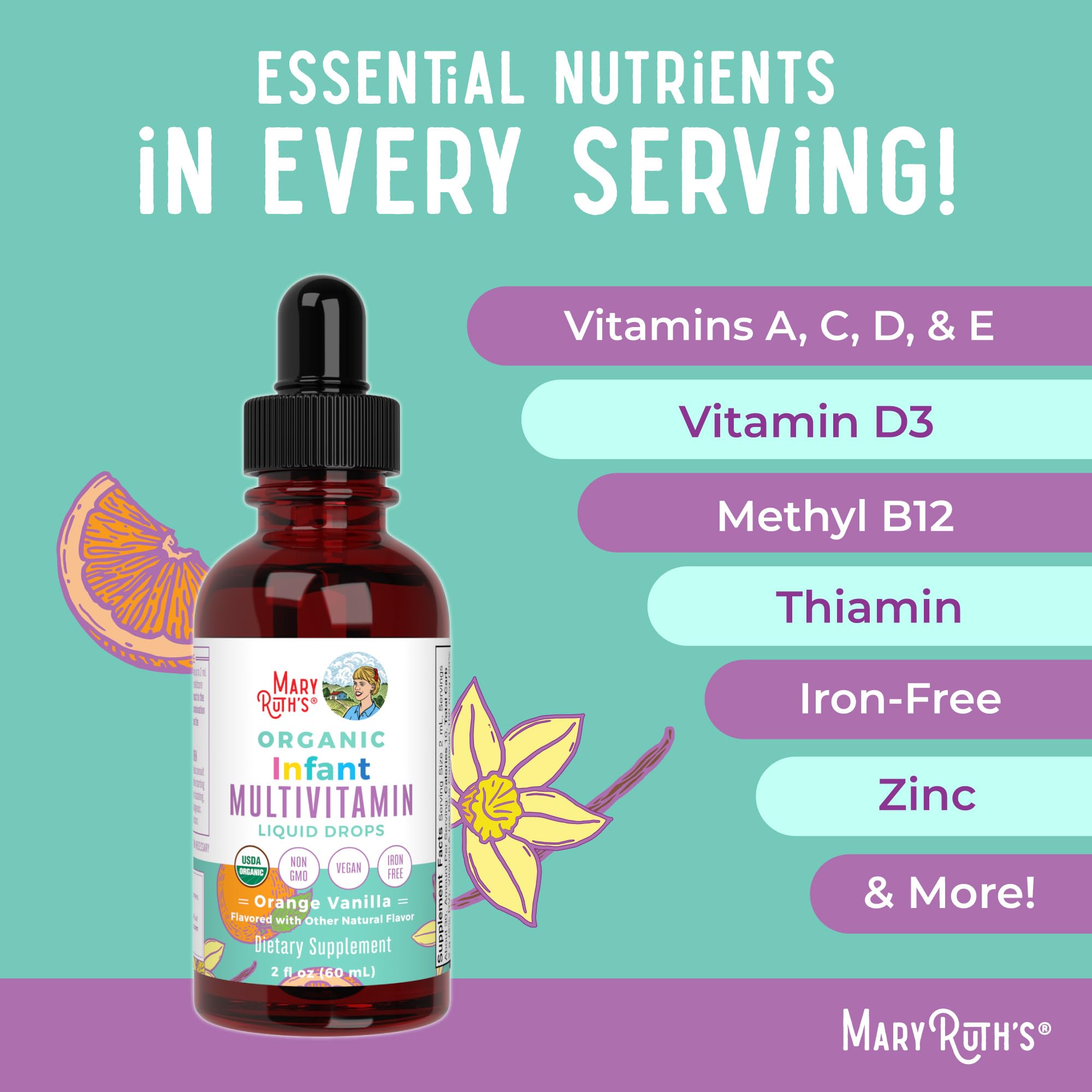 MaryRuth Organics vegan formula shows plant-based nutrition.