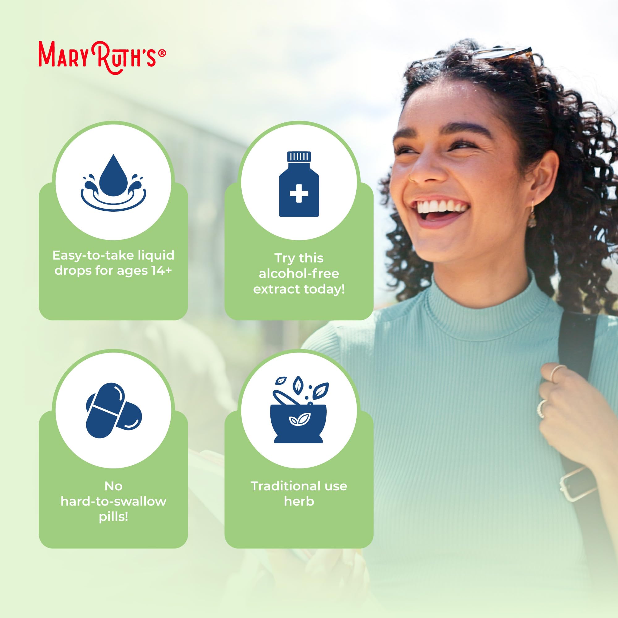 MaryRuth Organics bottle features vegan and non-GMO icons at a glance.