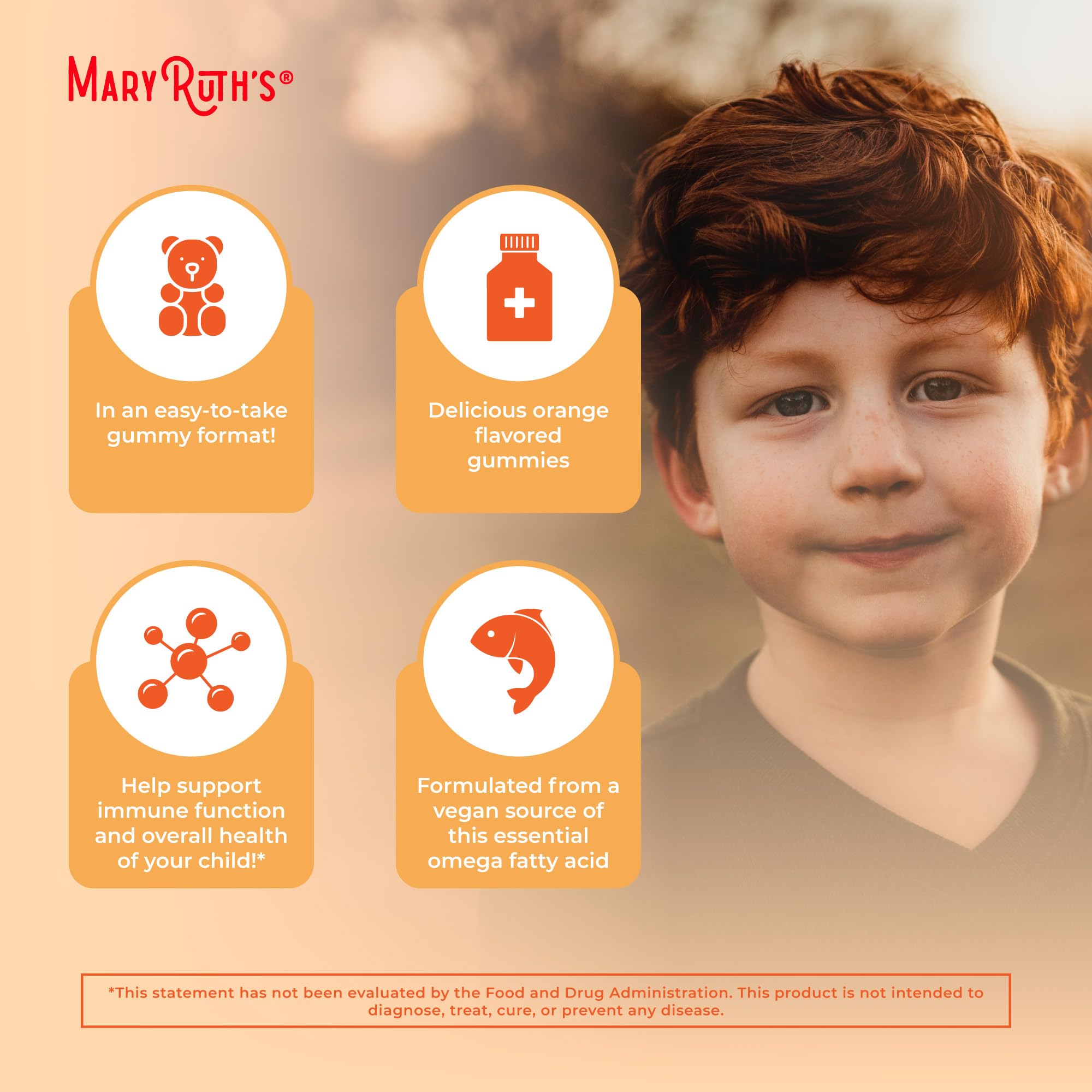 MaryRuth Organics Kids Omega-3 Gummies packaging displays vegan and non-GMO certifications.