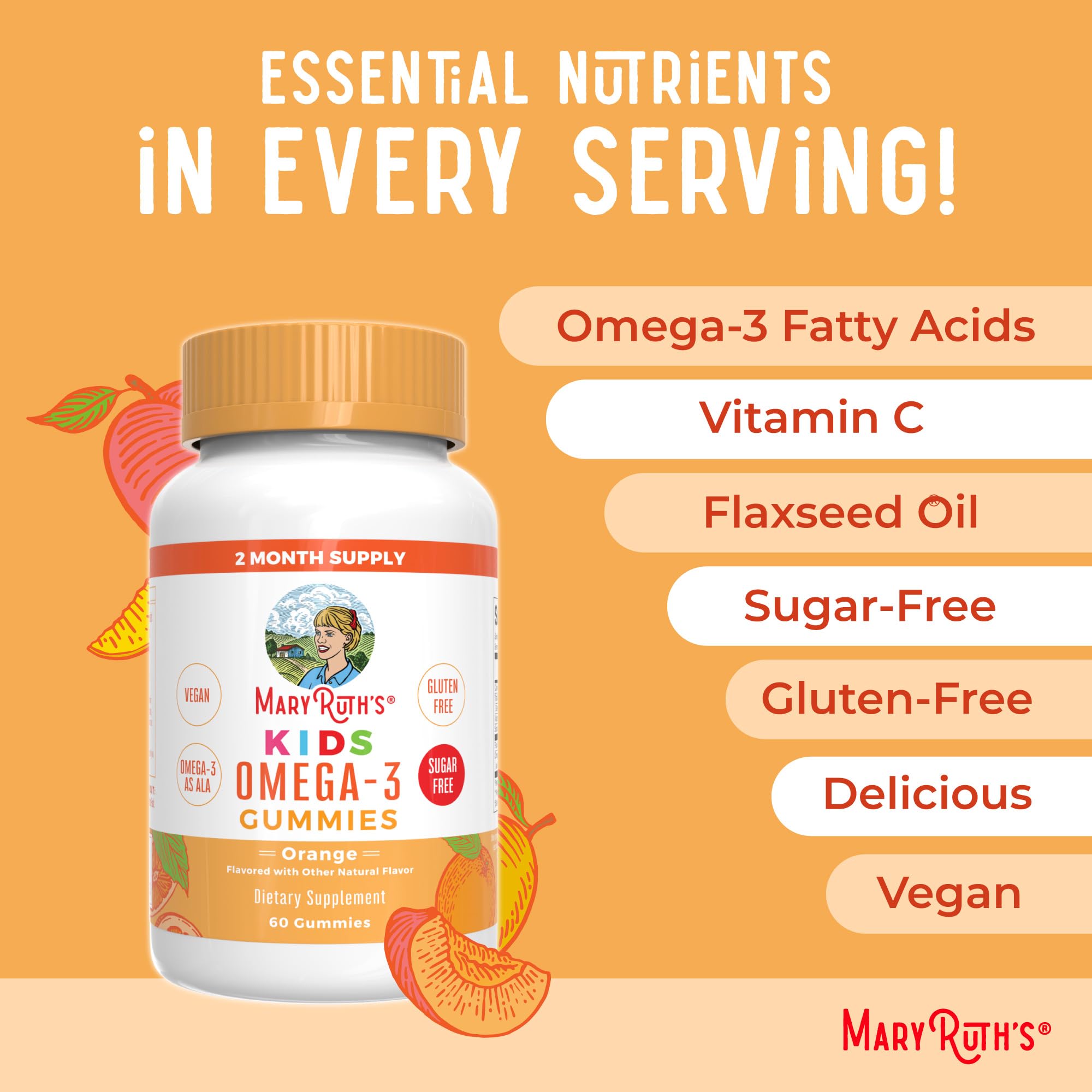 MaryRuth Organics Kids Omega-3 Gummies orange flavor label on a bright bottle.