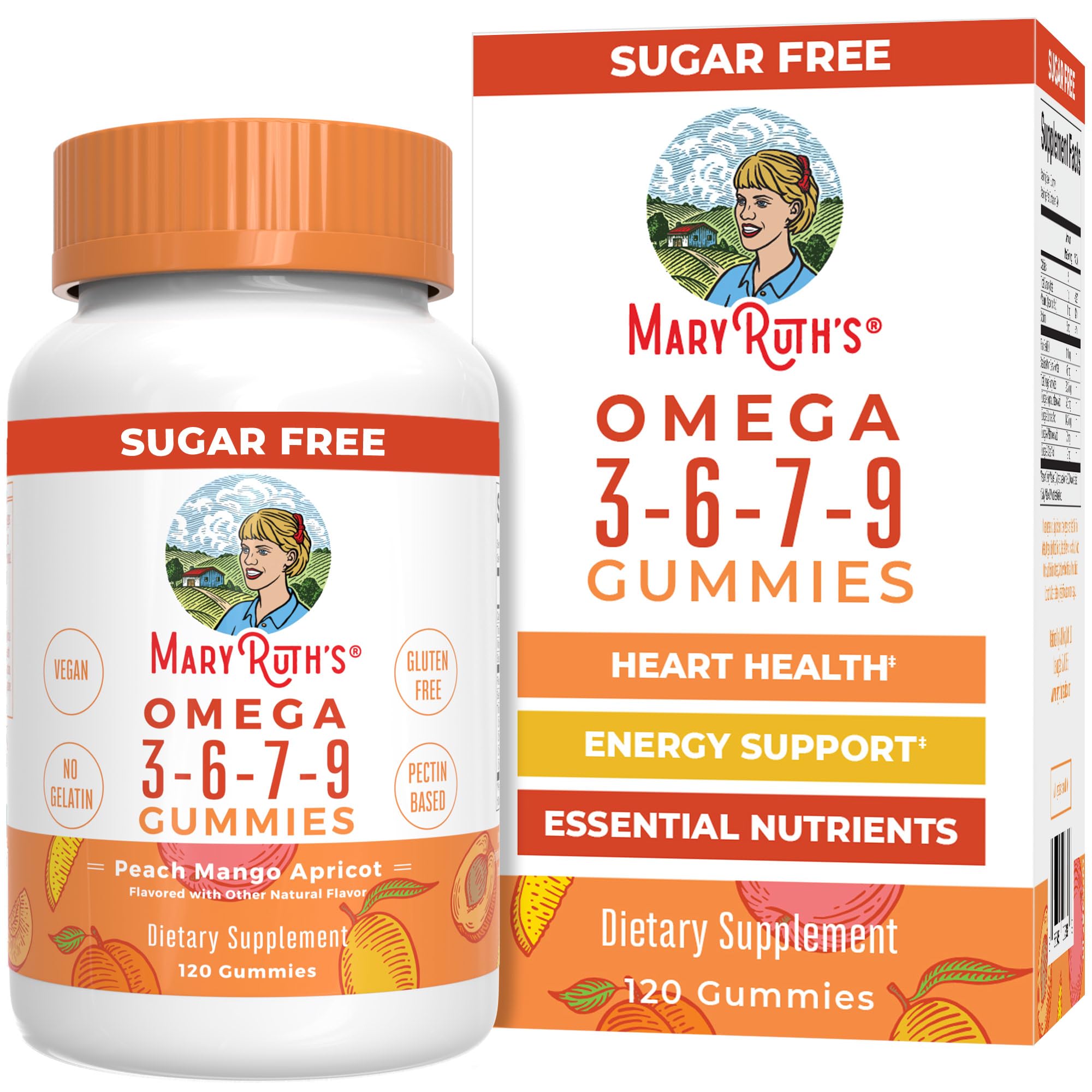MaryRuth Organics vegan omega gummies bottle, convenient daily plant-based omega source with peach mango apricot flavor.