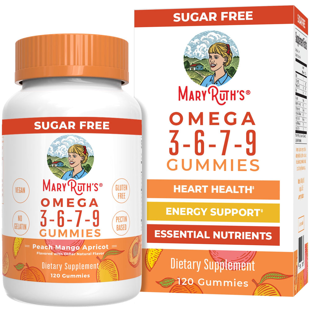 MaryRuth Organics vegan omega gummies bottle, convenient daily plant-based omega source with peach mango apricot flavor.