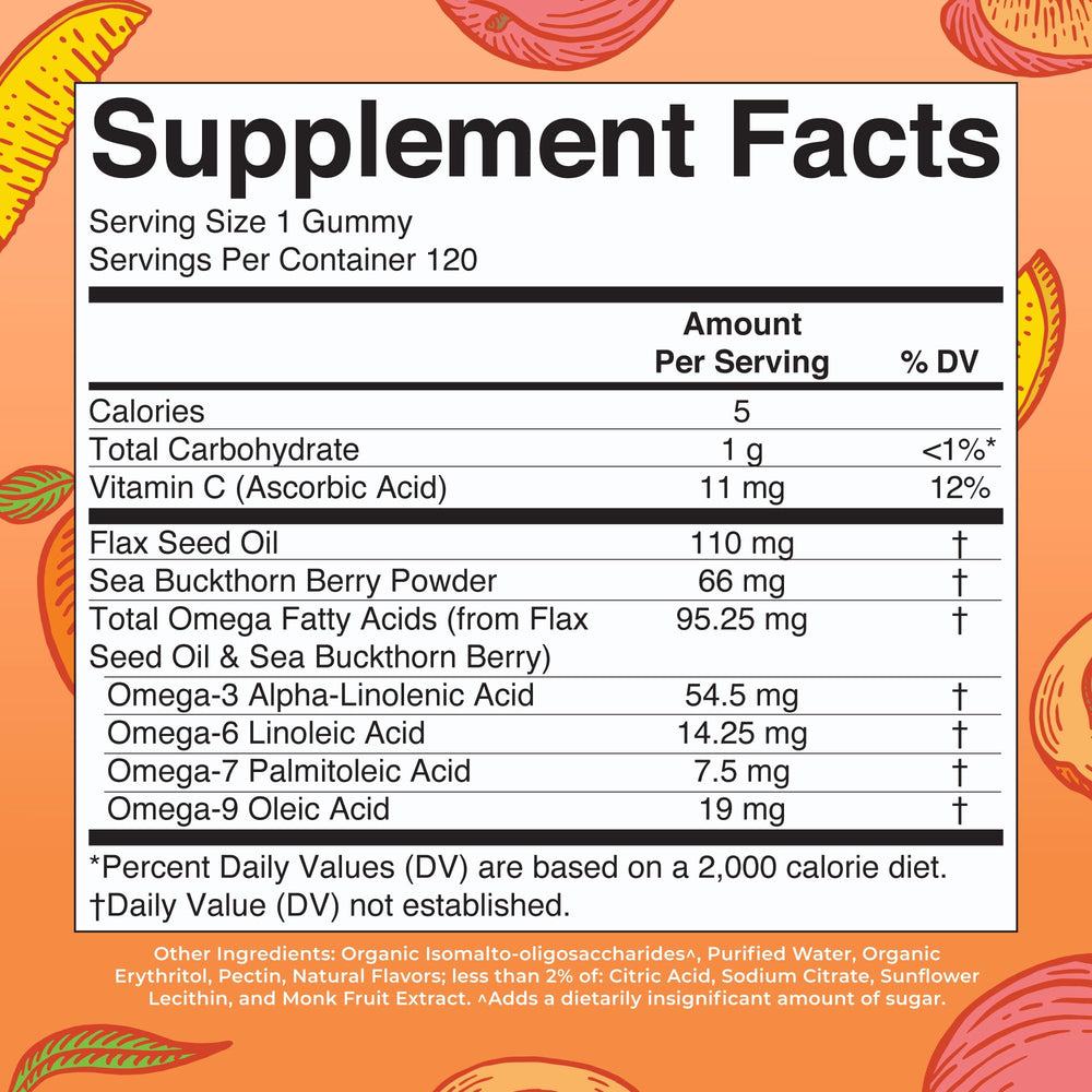MaryRuth Organics gummies close-up featuring peach mango apricot flavor for a tasty omega supplement.