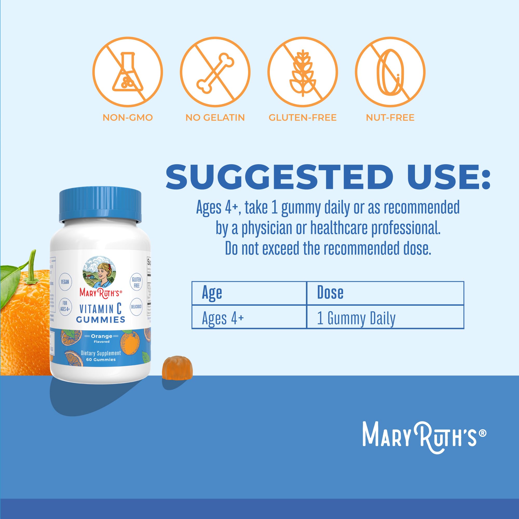 MaryRuth Organics Vitamin C Gummies pack shot showing 60-count bottle for 2-month supply