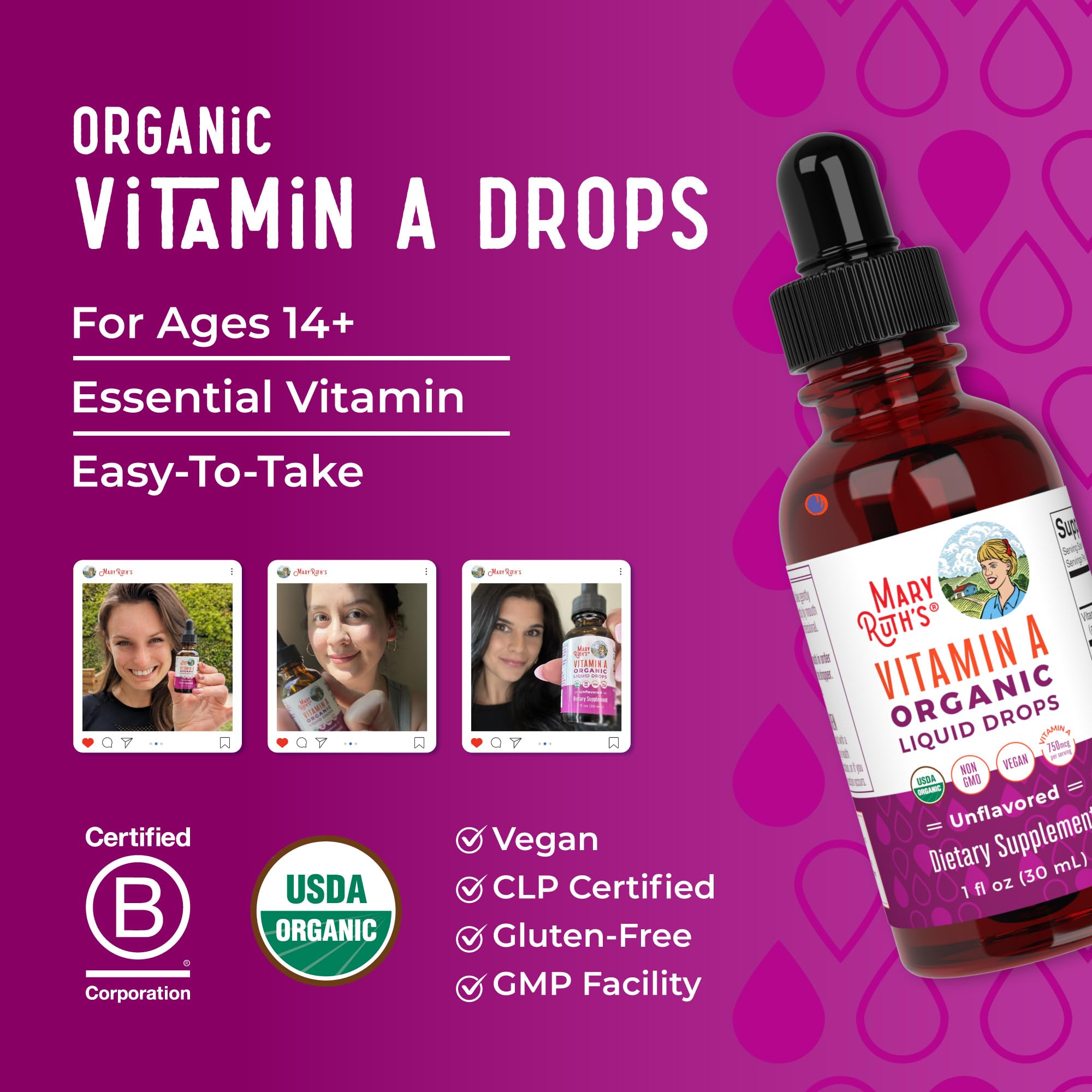 Vegan and non-GMO badge on MaryRuth Vitamin A drops