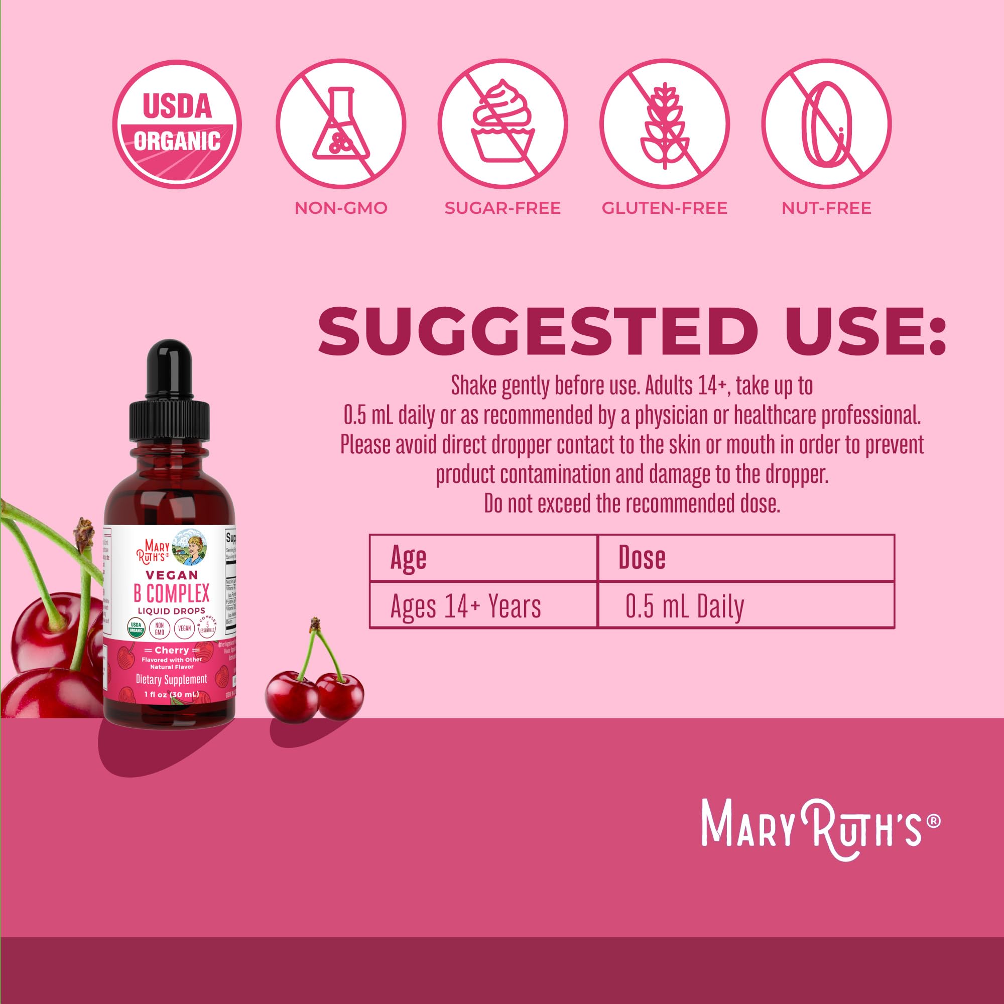 MaryRuth Organics Vitamin B Complex label highlighting organic vegan certifications.