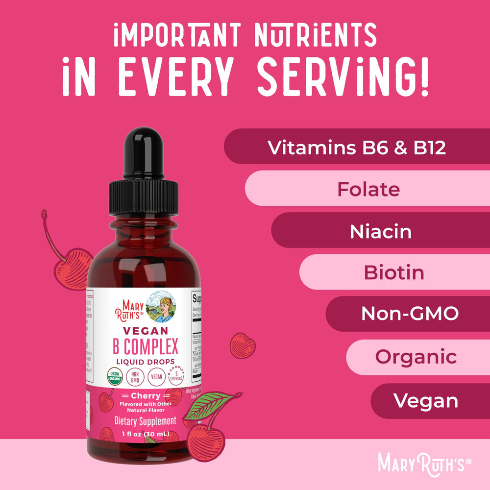 MaryRuth Organics Vitamin B Complex non-GMO and gluten-free claims.