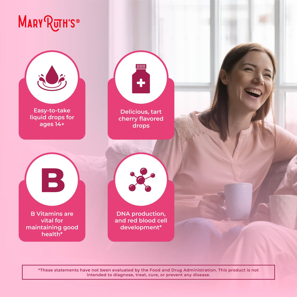 MaryRuth Organics Vitamin B Complex bottle on a kitchen counter.