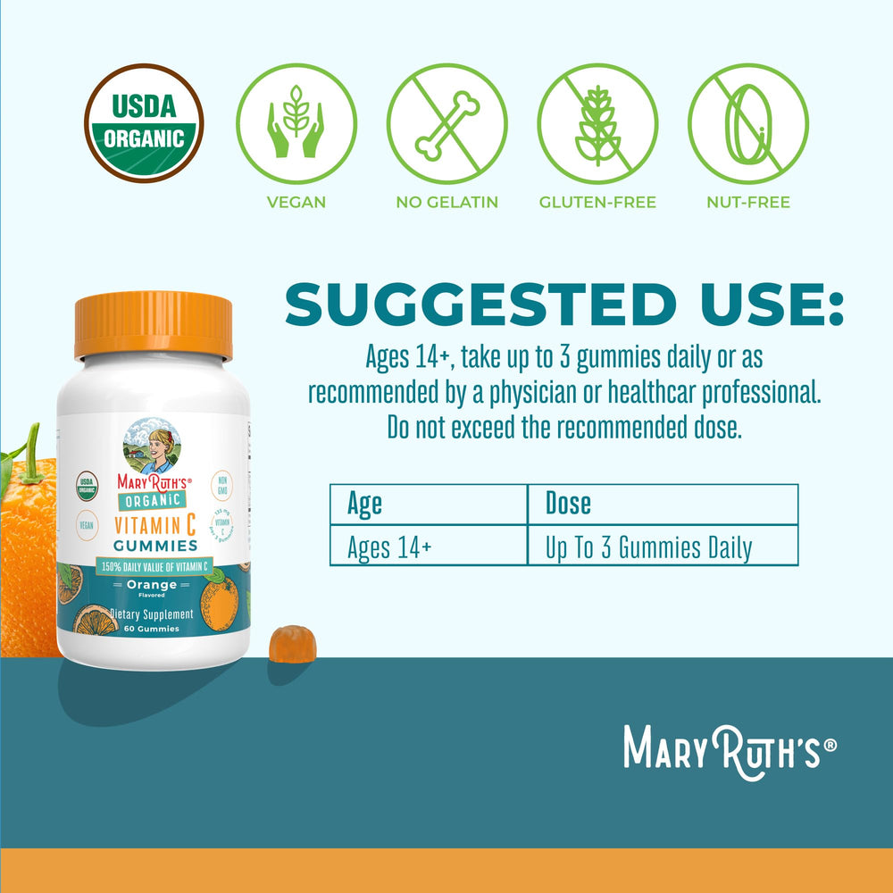 MaryRuth Organics Vitamin C Gummies label highlights USDA Organic and vegan ingredients.