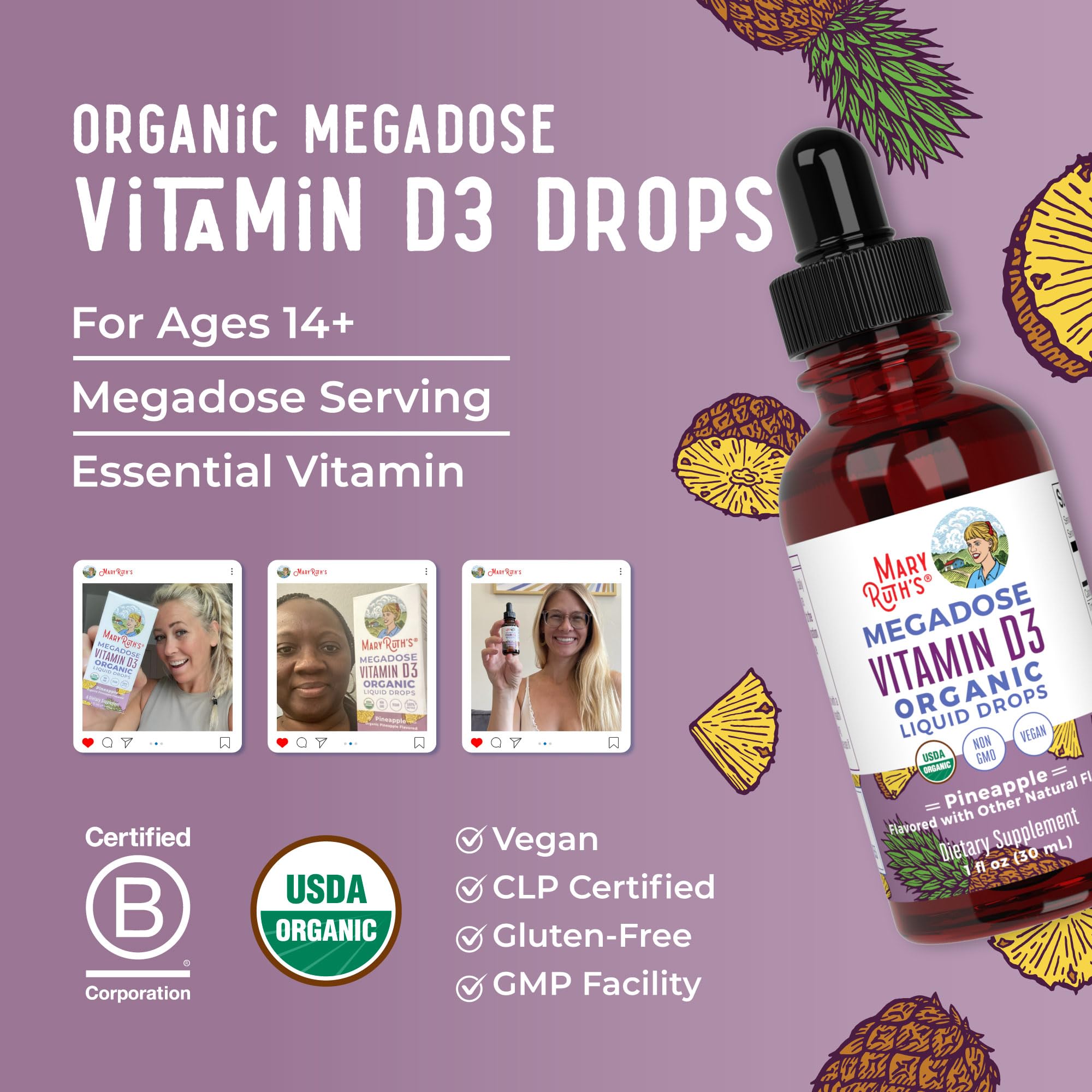Pineapple-flavored D3 drops being stirred into a beverage for easy ingestion.