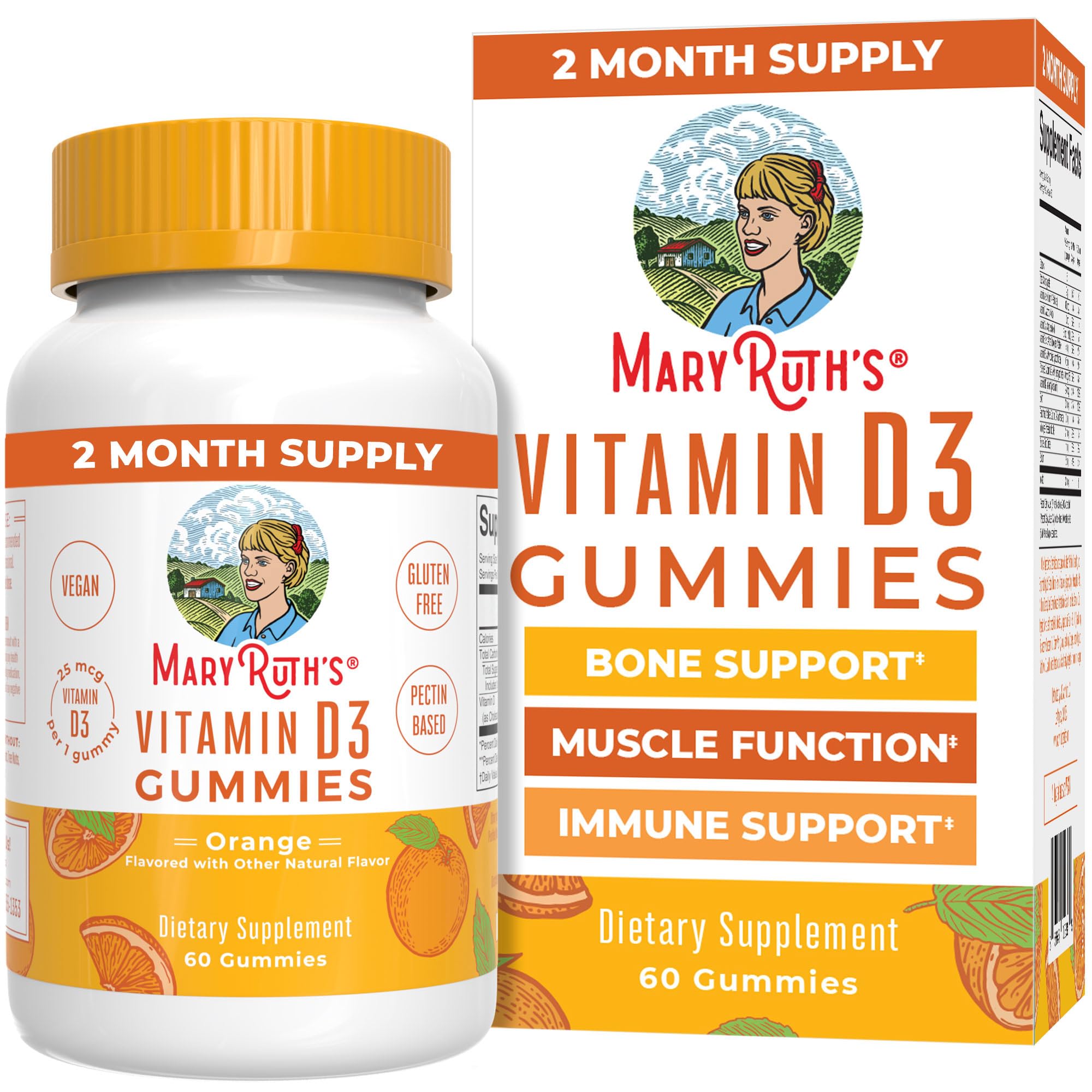 MaryRuth Organics Vitamin D3 gummies bottle front highlighting vegan 1000IU for bone support