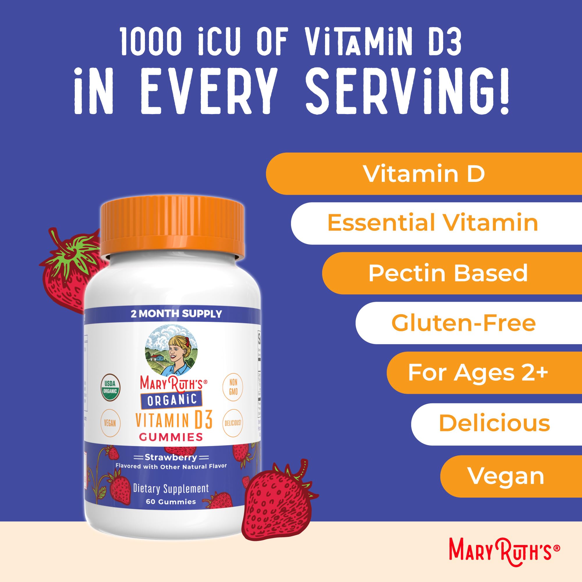 Non-GMO and gluten-free MaryRuth Organics vitamin D3 gummies
