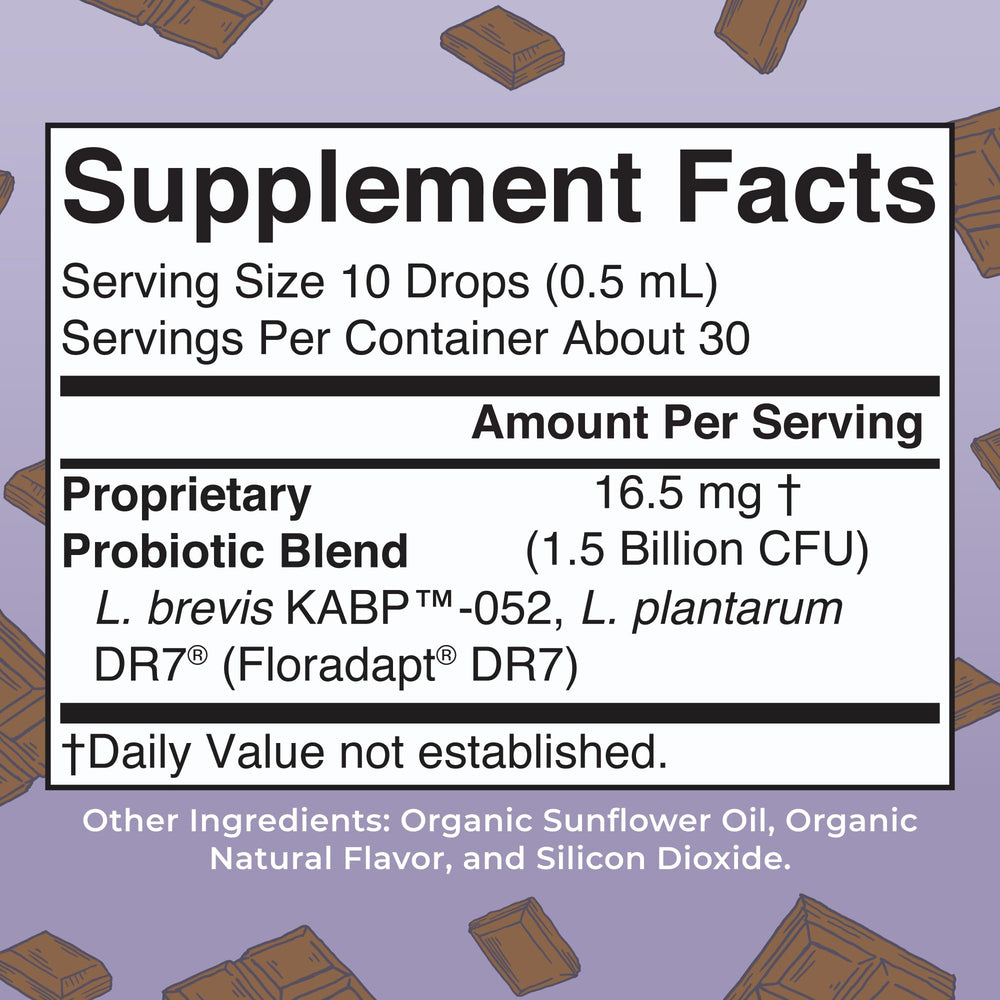 MaryRuth Organics women probiotic drops close-up highlighting chocolate flavor and daily use.