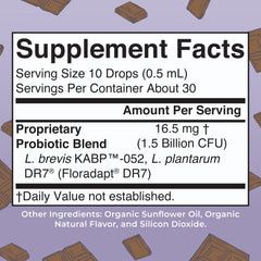 MaryRuth Organics women probiotic drops close-up highlighting chocolate flavor and daily use.