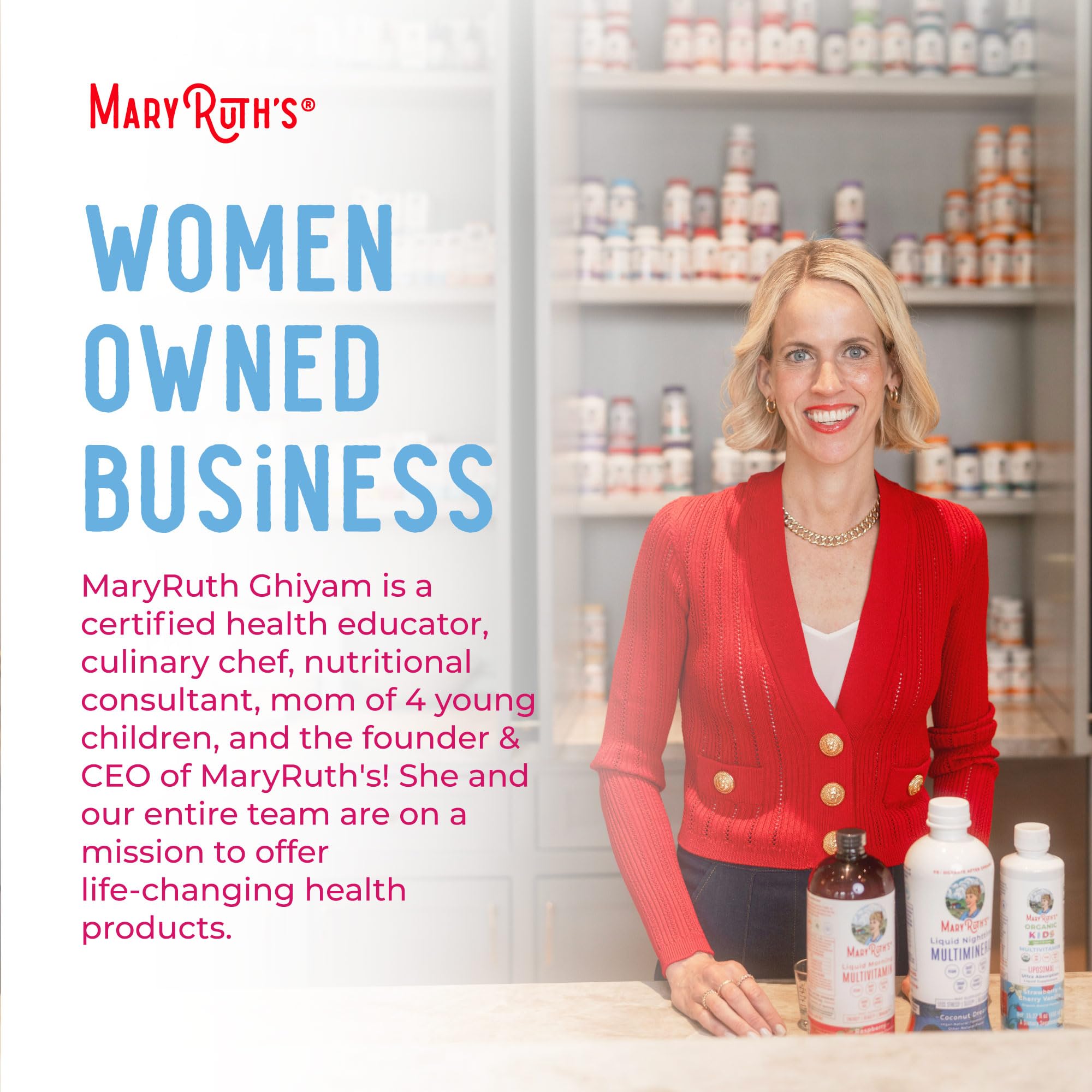 Morning routine scene with a woman taking MaryRuth Organics supplement.
