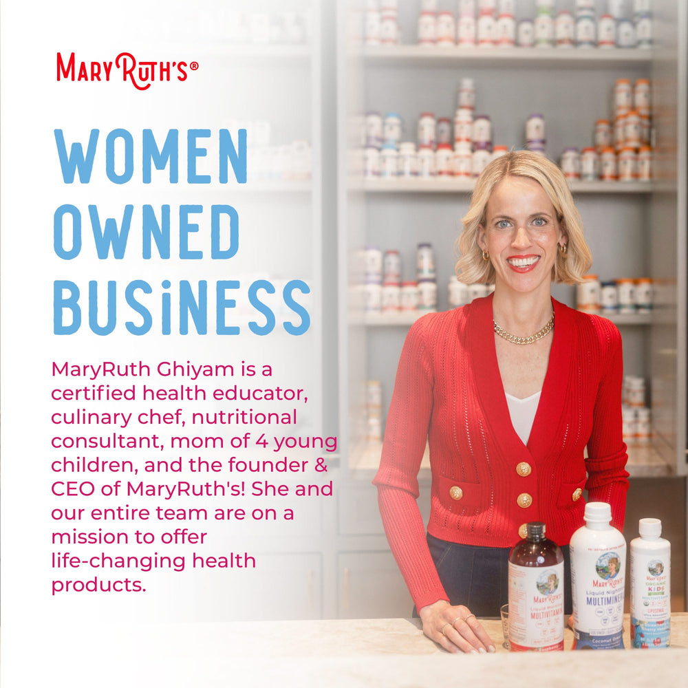 Morning routine scene with a woman taking MaryRuth Organics supplement.