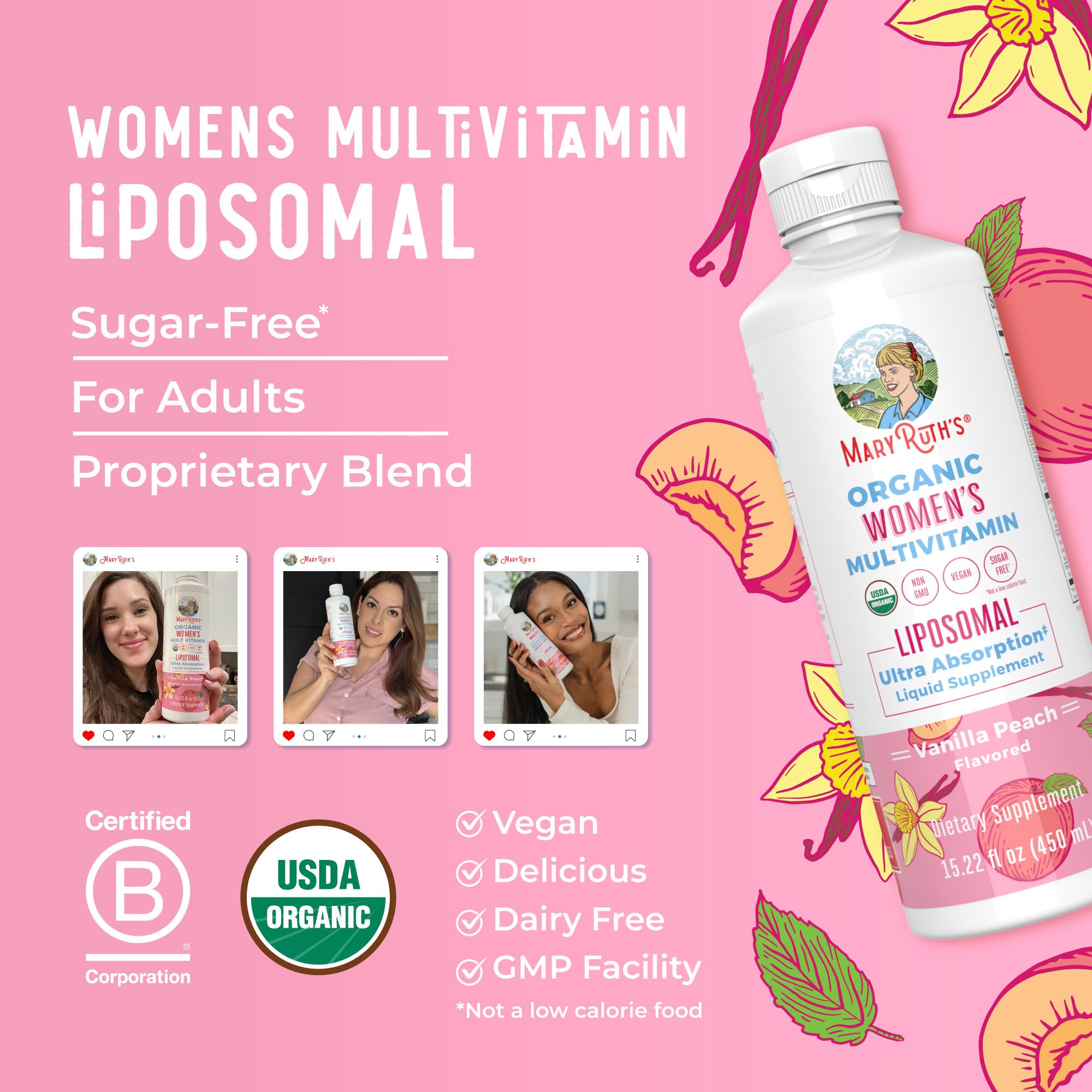 MaryRuth Organics Women's Multivitamin bottle with glass for daily routine.