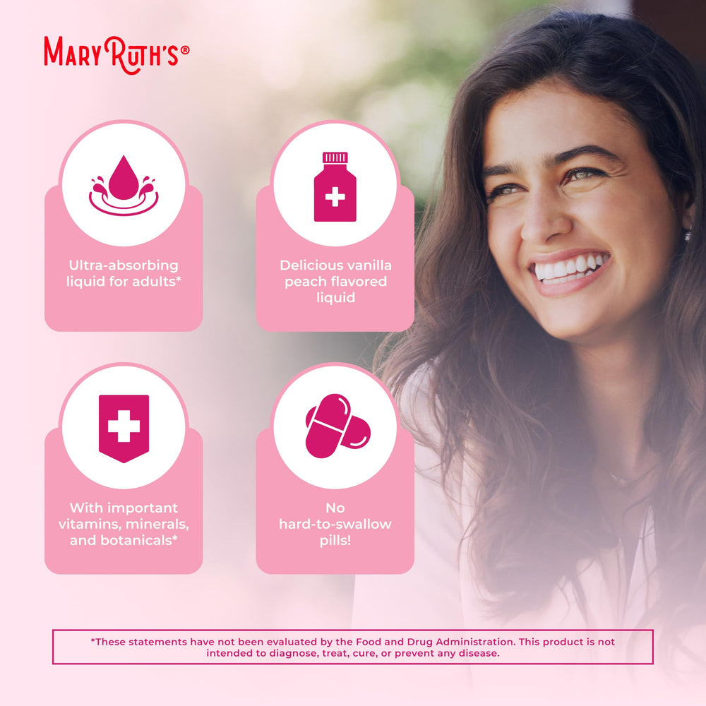MaryRuth Organics Women's Multivitamin ingredients panel highlights B vitamins and botanicals.