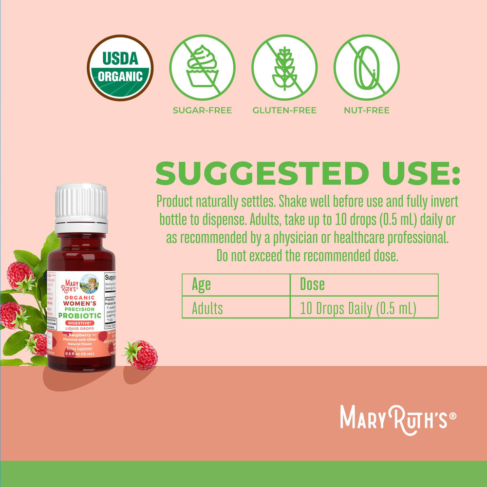 MaryRuth Organics Women's Probiotic Liquid Drops raspberry flavor bottle