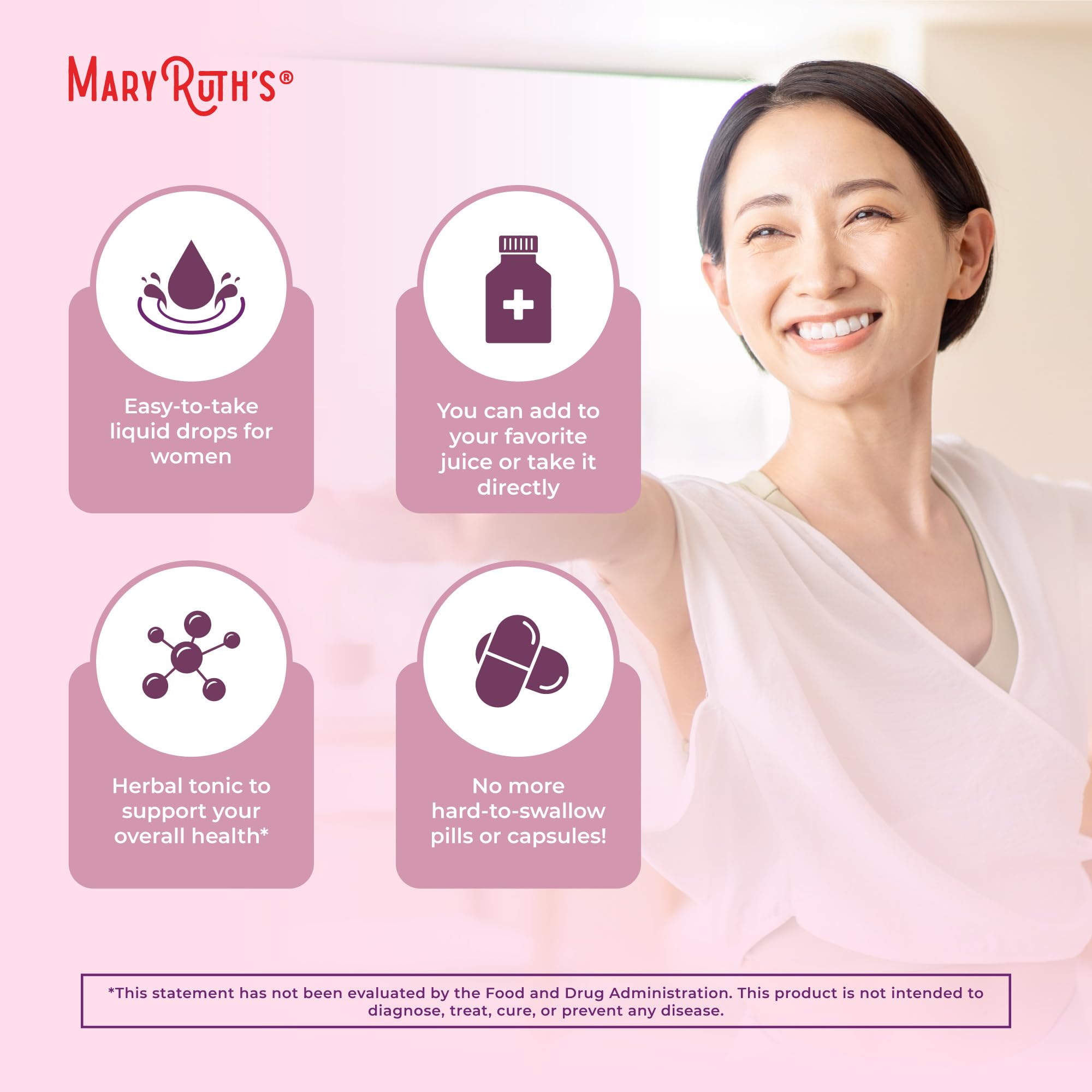 Amber MaryRuth Organics bottle and clean label emphasizing vegan, non-GMO formulation