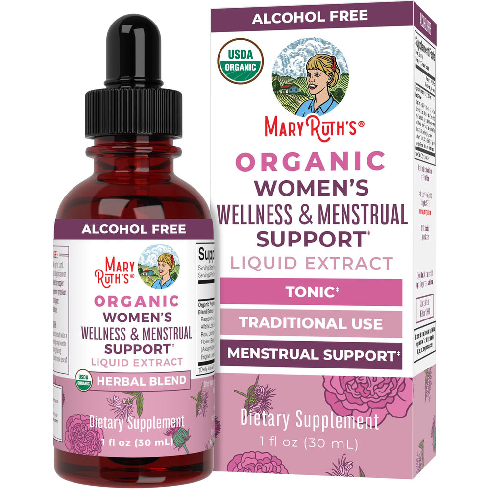 MaryRuth Organics Women's Wellness Drops bottle with label highlighting herbal ingredients for menstrual support