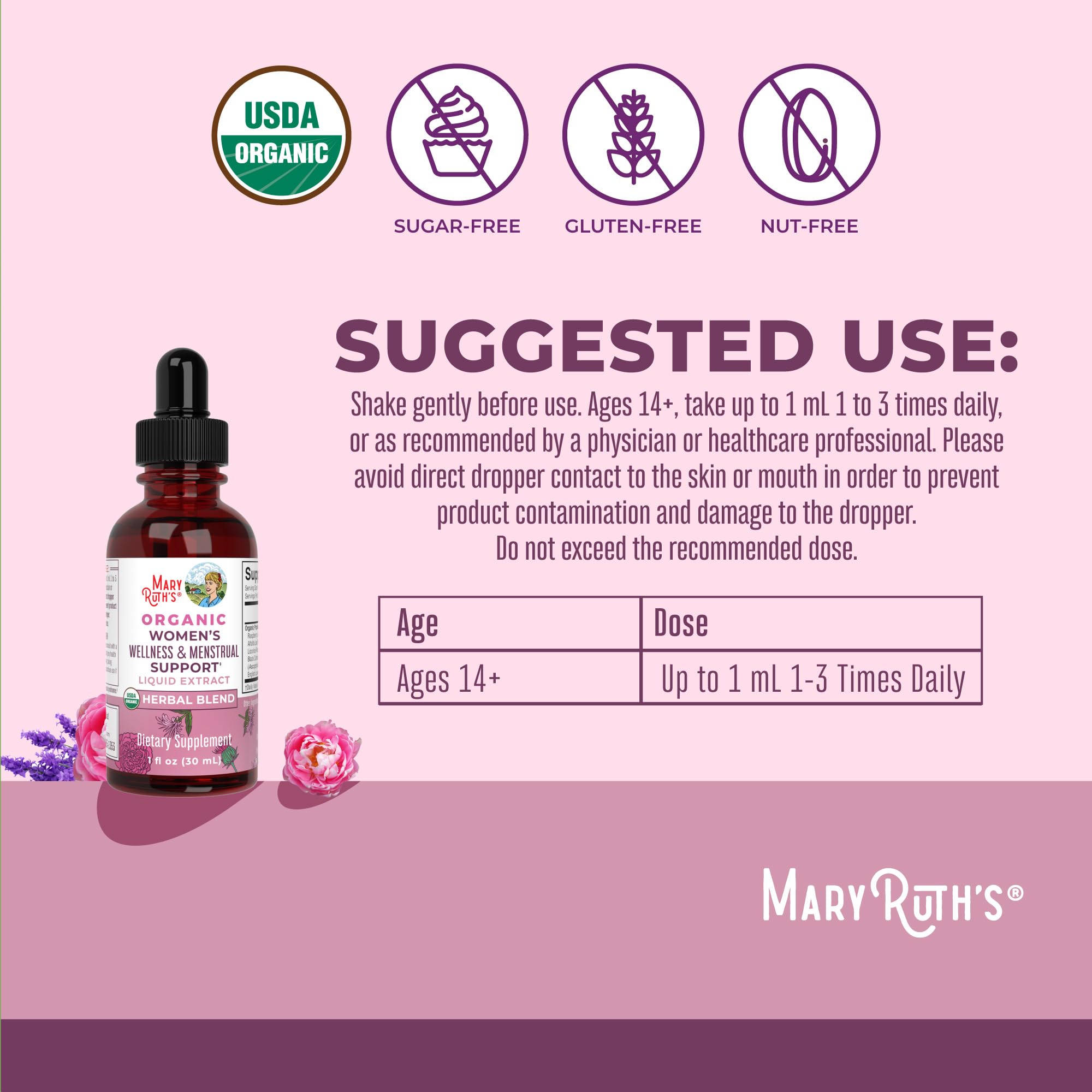 Ingredients label on MaryRuth Organics Women's Wellness Drops featuring Raspberry Leaf and other herbs