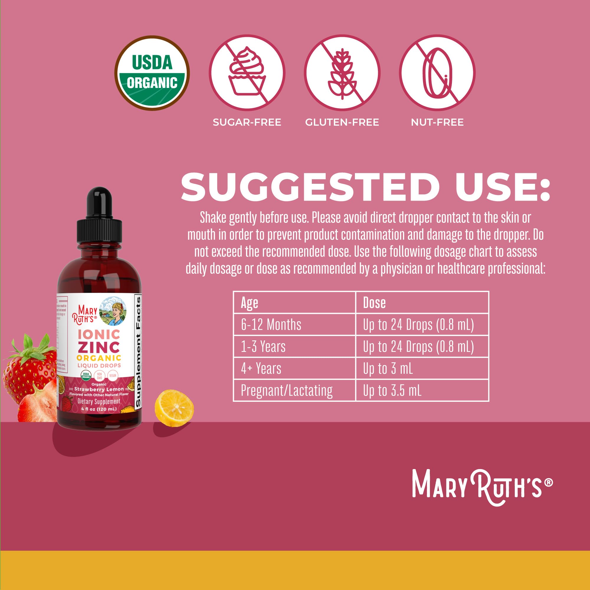 MaryRuth Organics zinc sulfate ingredients label highlighting vegan and organic certifications