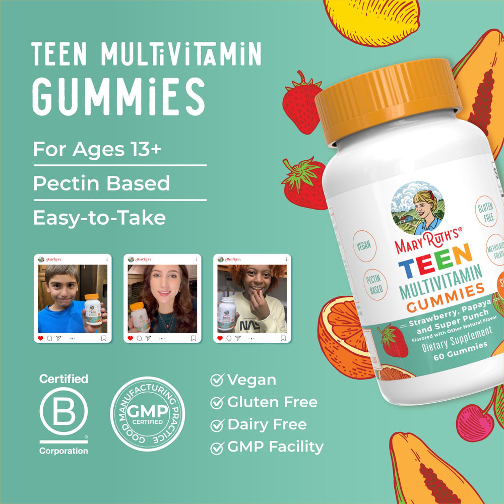 MaryRuth Organics Teen Multivitamin gummies in daily-use scene after school.