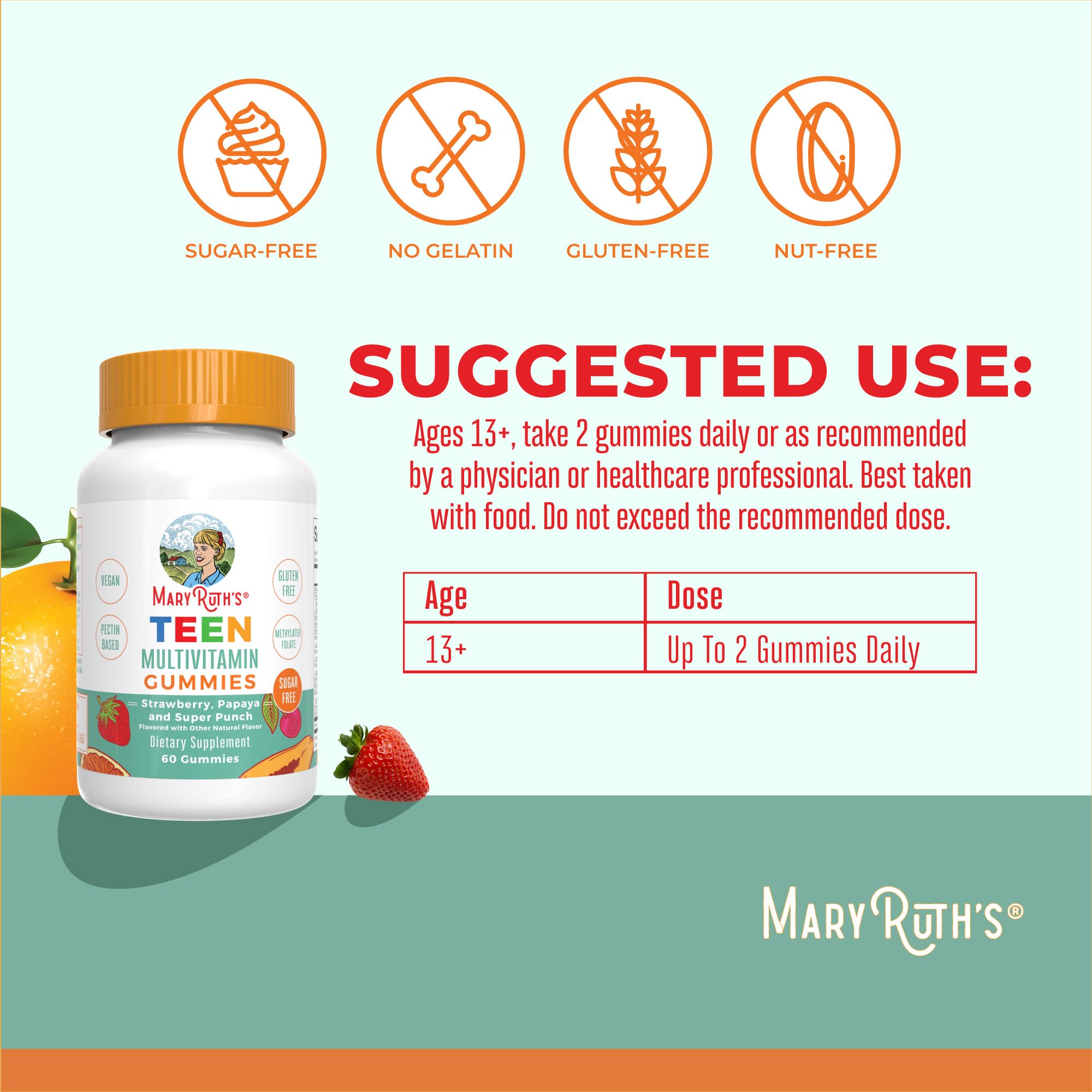 MaryRuth Organics Teen Multivitamin label nutrition panel highlights immune-friendly vitamin blend.
