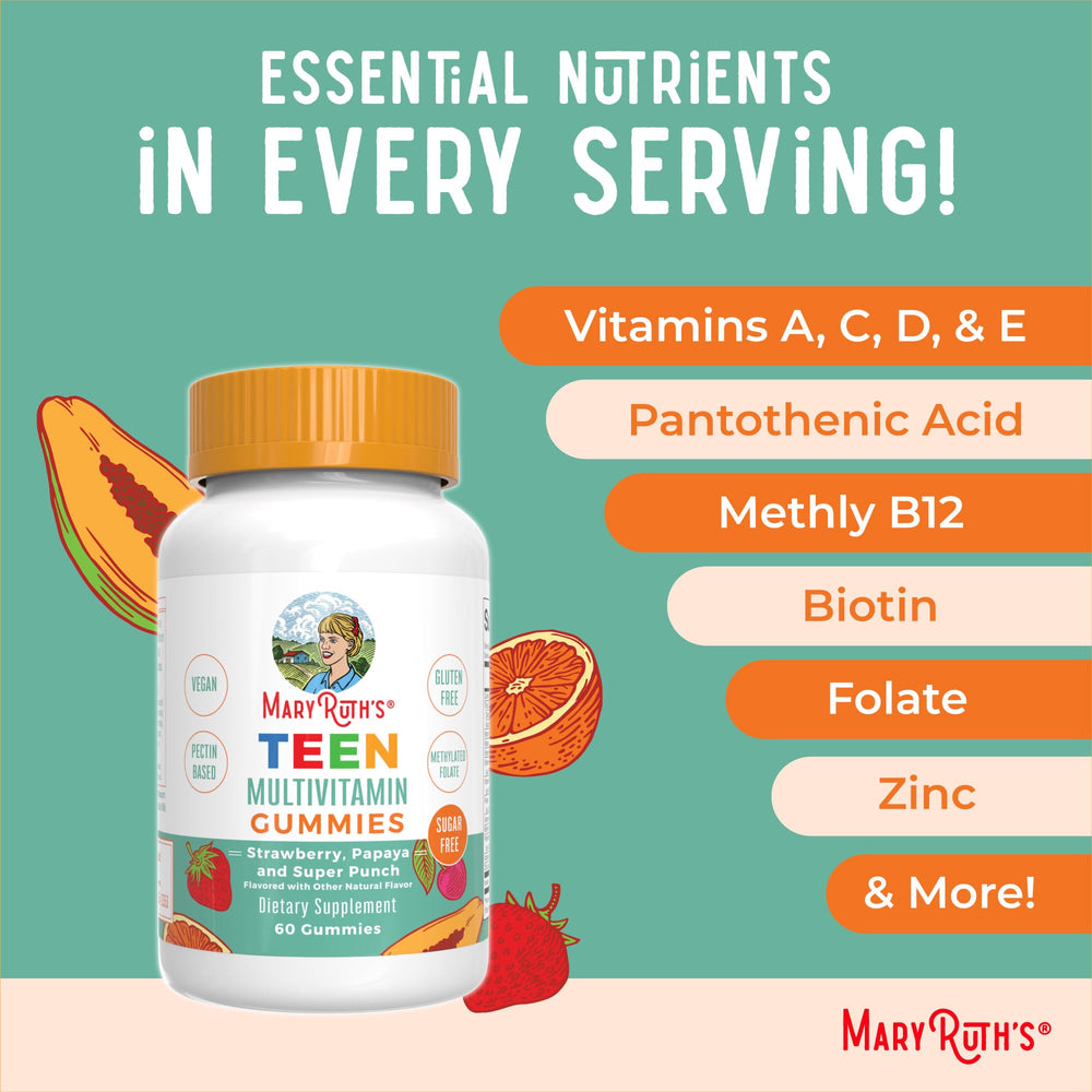 MaryRuth Organics Teen Multivitamin packaging closeup highlights allergen information.