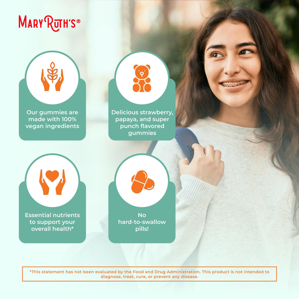 MaryRuth Organics Vegan symbol visible on Teen Multivitamin packaging.