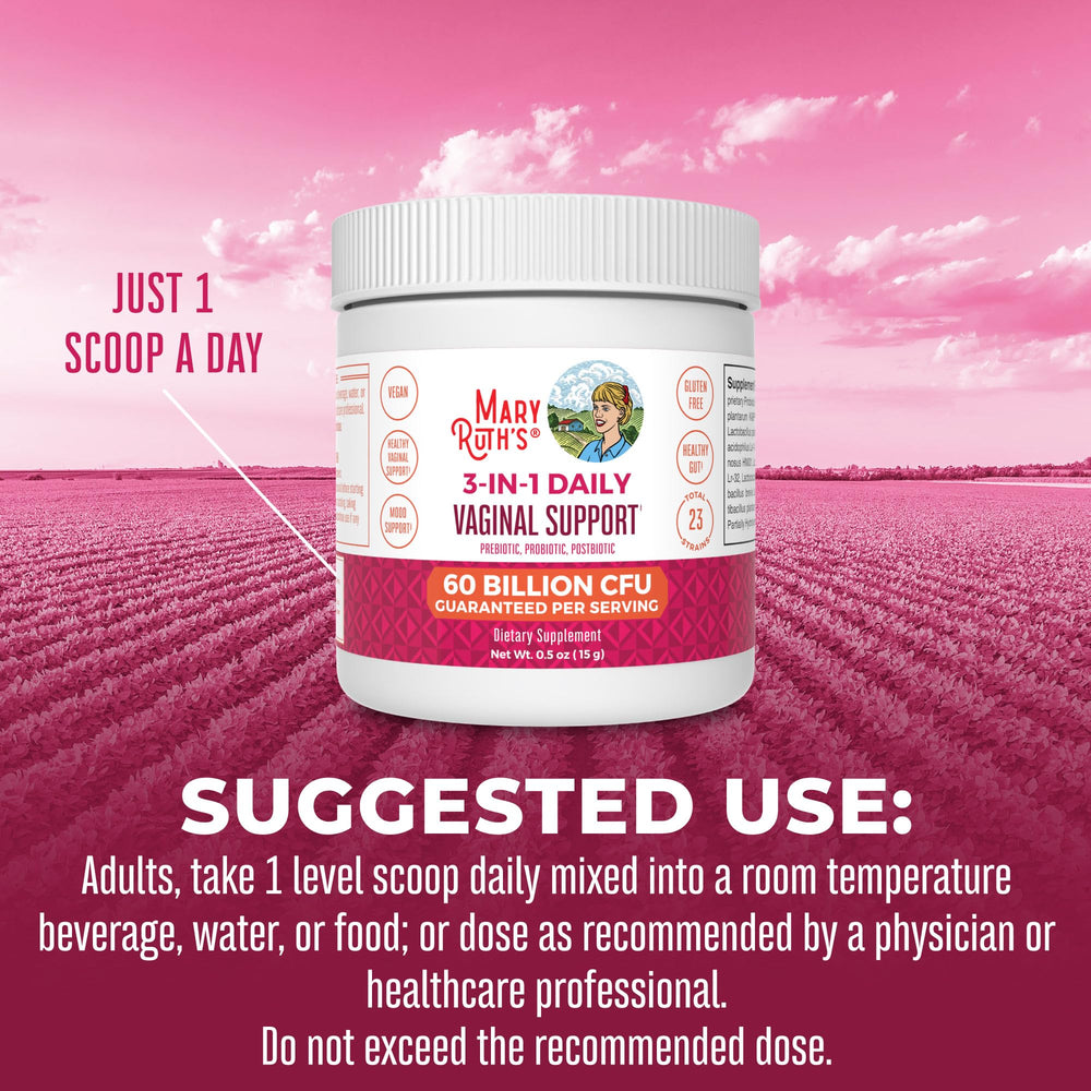 MaryRuth's 23-strain probiotic blend graphic focuses on microbiome support