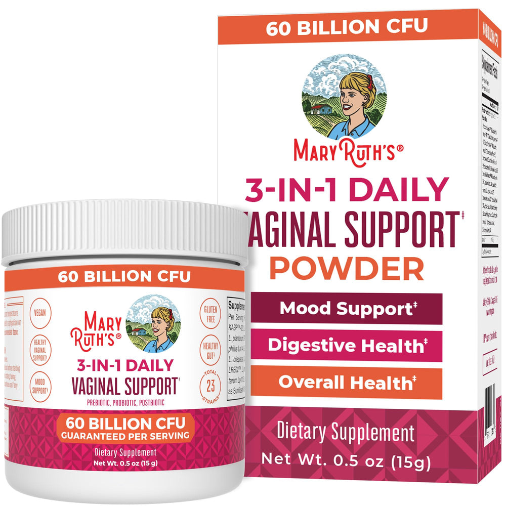 MaryRuth's 3-in-1 probiotics bottle shows vegan formula for vaginal and gut health