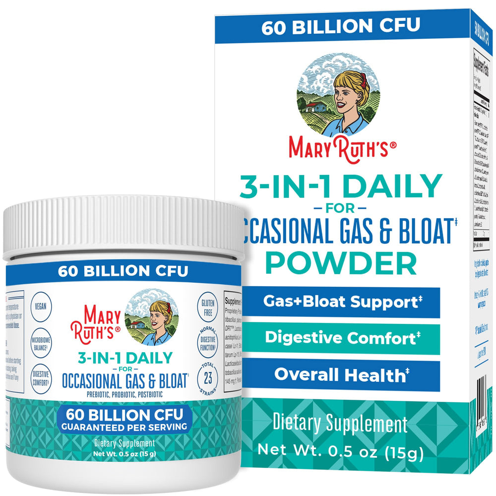 MaryRuth's 3in1 gas-bloat probiotic powder bottle for easy daily digestion support.