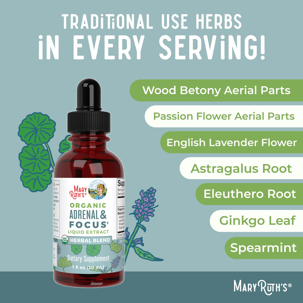 MaryRuth's bottle beside astragalus and ginkgo imagery hints at natural focus support.