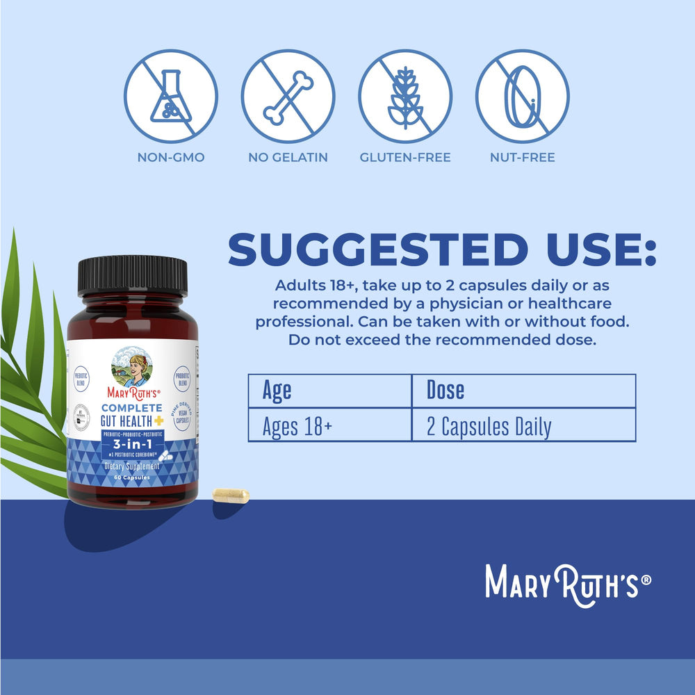MaryRuth's Complete Gut Health+ capsules pouring to illustrate easy daily dosage
