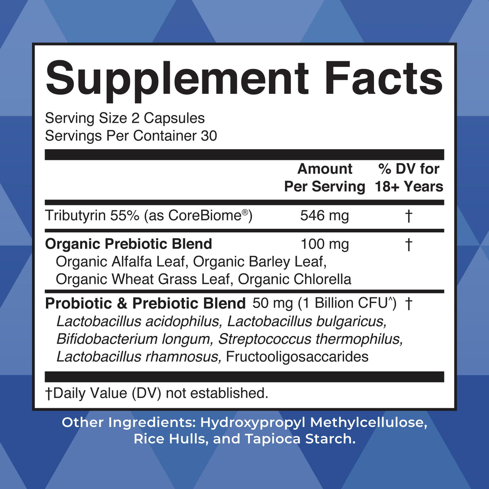 Close-up of MaryRuth's Complete Gut Health+ label featuring Corebiome butyrate and probiotics